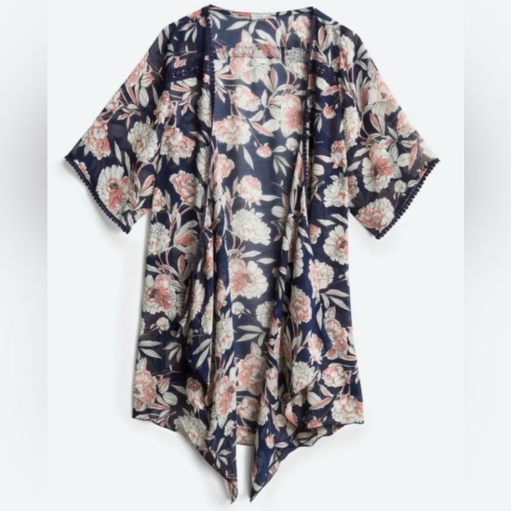 Emory Park XS/S Navy Floral Open Front Pom-Pom Chiffon Duster Kimono Coverup EUC